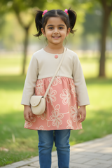 Girls' Peach Floral Cotton Dress with Handbag Set