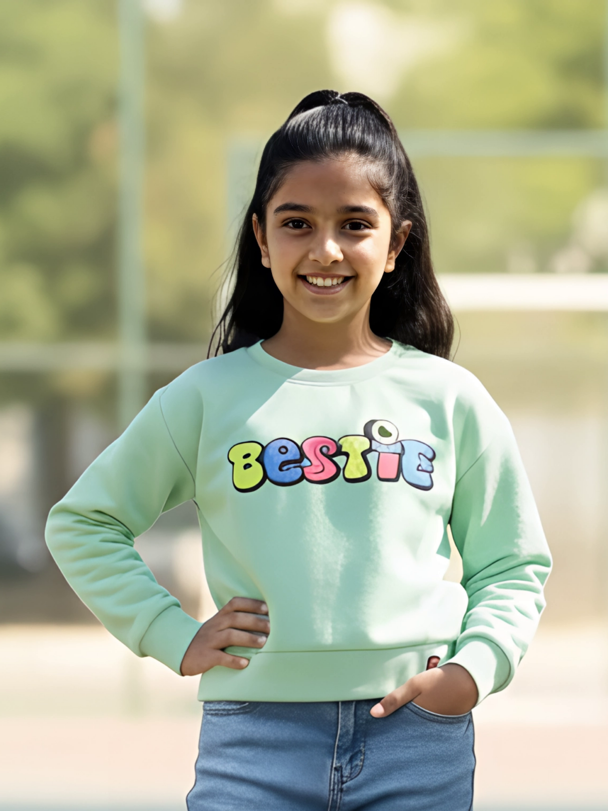 Girls' Mint Green "Bestie" Graphic Sweatshirt