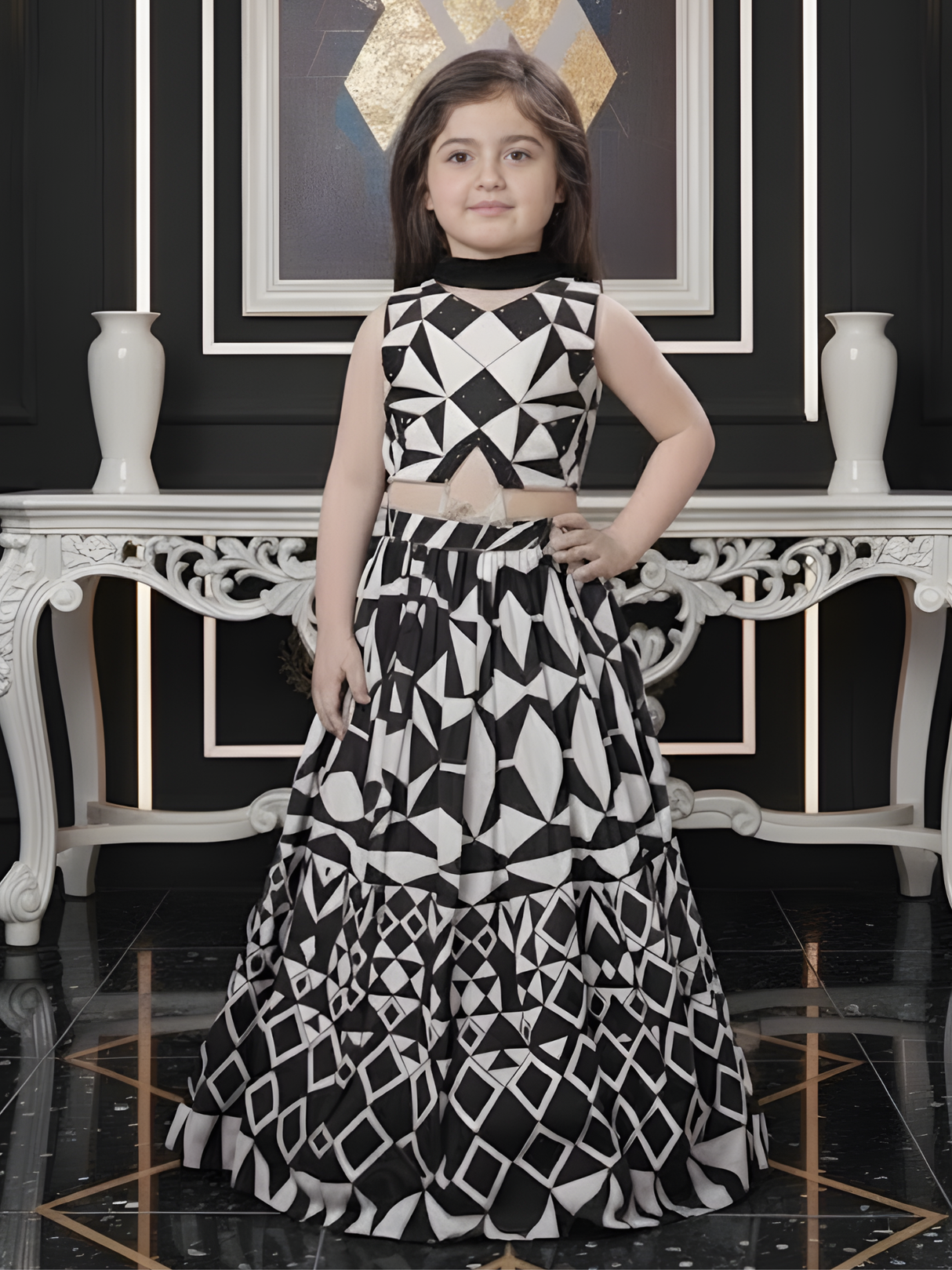 Girls' Black and White Geometric Print Crop Top and Lehenga Choli Set