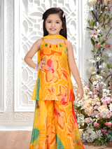 Girls' Bright Yellow Floral Print Sleeveless Kurti & Sharara Set with Scarf