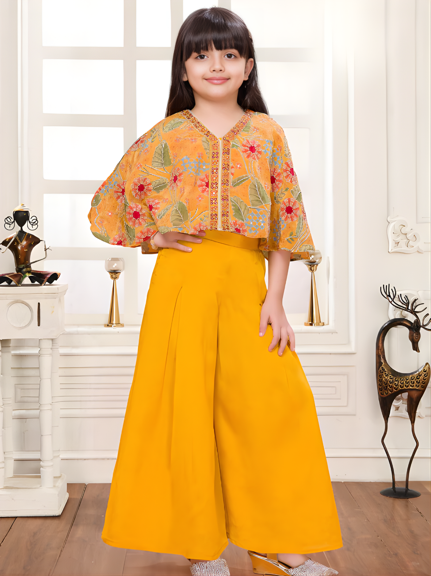 Girls' Bright Orange Leheriya Kurta and Sharara Set with Gota Work