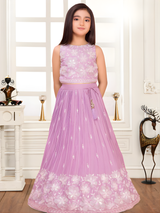 Girls' Lavender Pleated Lehenga Choli with White Thread Embroidery.