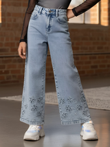 Girls' Light Blue Embroidered Wide-Leg Jeans.