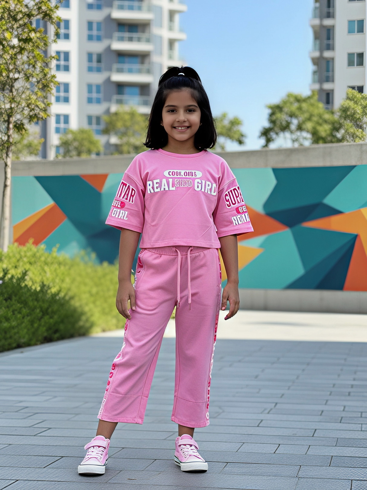 Girls' Trendy Pink Graphic Print Coordinate Set.