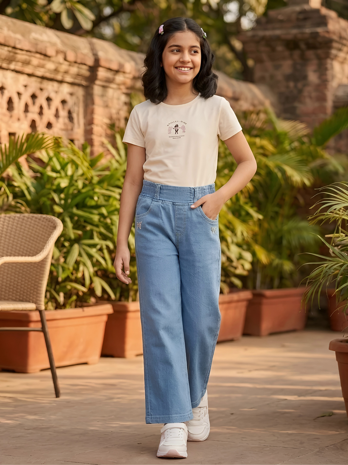 Girls' Stylish High-Waist Wide-Leg Denim Pants