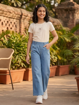 Girls' Stylish High-Waist Wide-Leg Denim Pants