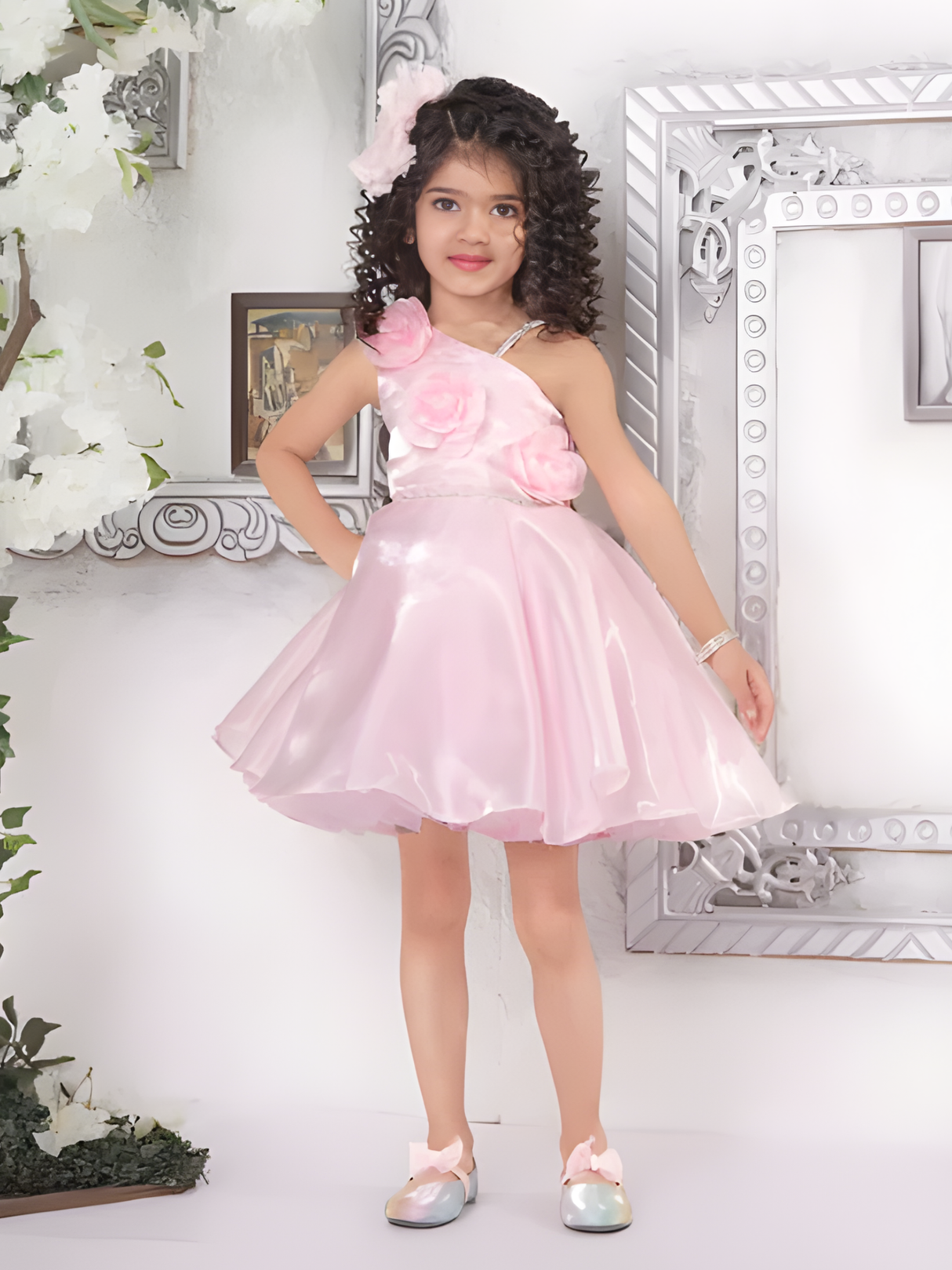 Girls Party Satin Party Frock With Work - Pink