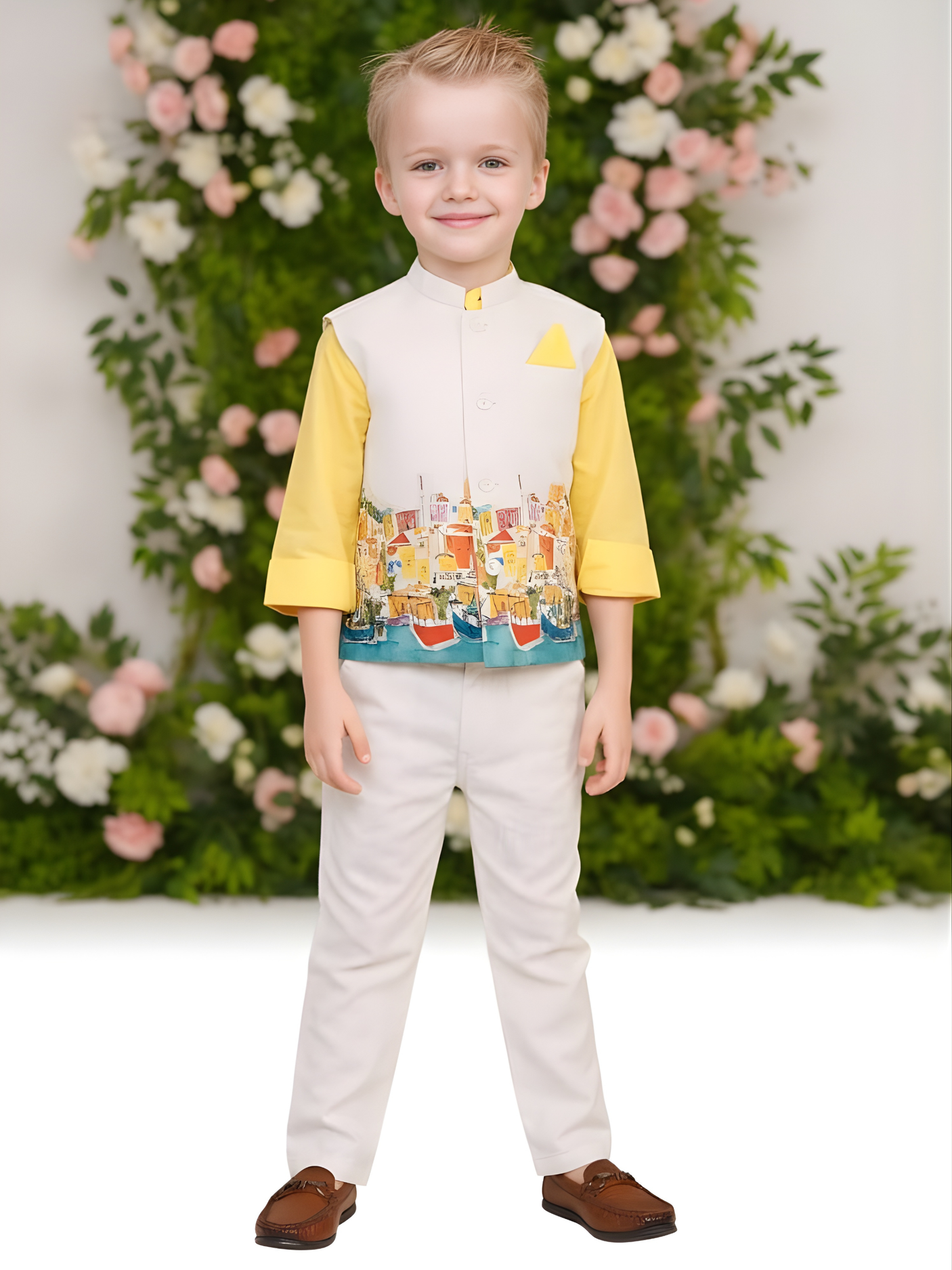Boys' Cream Waistcoat with Boat/Cityscape Print, Yellow Kurta, and White Trousers Set
