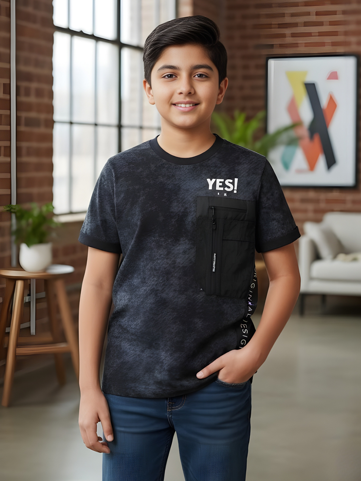 Boys' Black Washed Techwear T-Shirt with Utility Pocket & Contrast Panel