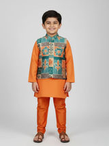 Boys' Vibrant Orange Kurta Pajama Set with Teal Geometric Print Jacket.
