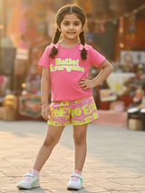Girls Pink Cotton Blend "Hello Everyone" Printed T-Shirt and Shorts Co-ord Set