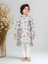 Boys' Cream & Blue Floral Embroidered Kurta Pajama Set.