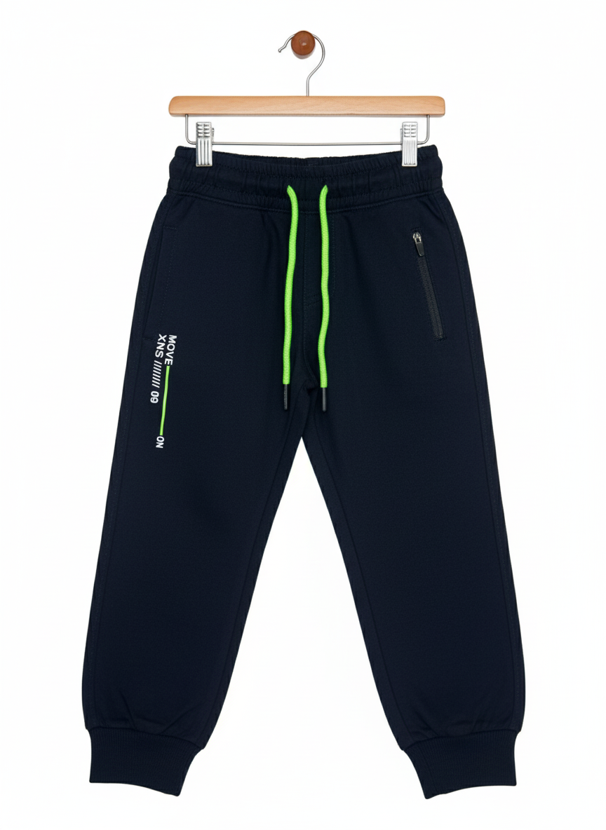 A pair of boys' navy blue fleece jogger track pants with an elastic waist, bright neon green contrast drawstring, ribbed ankle cuffs, and a vertical zippered pocket.