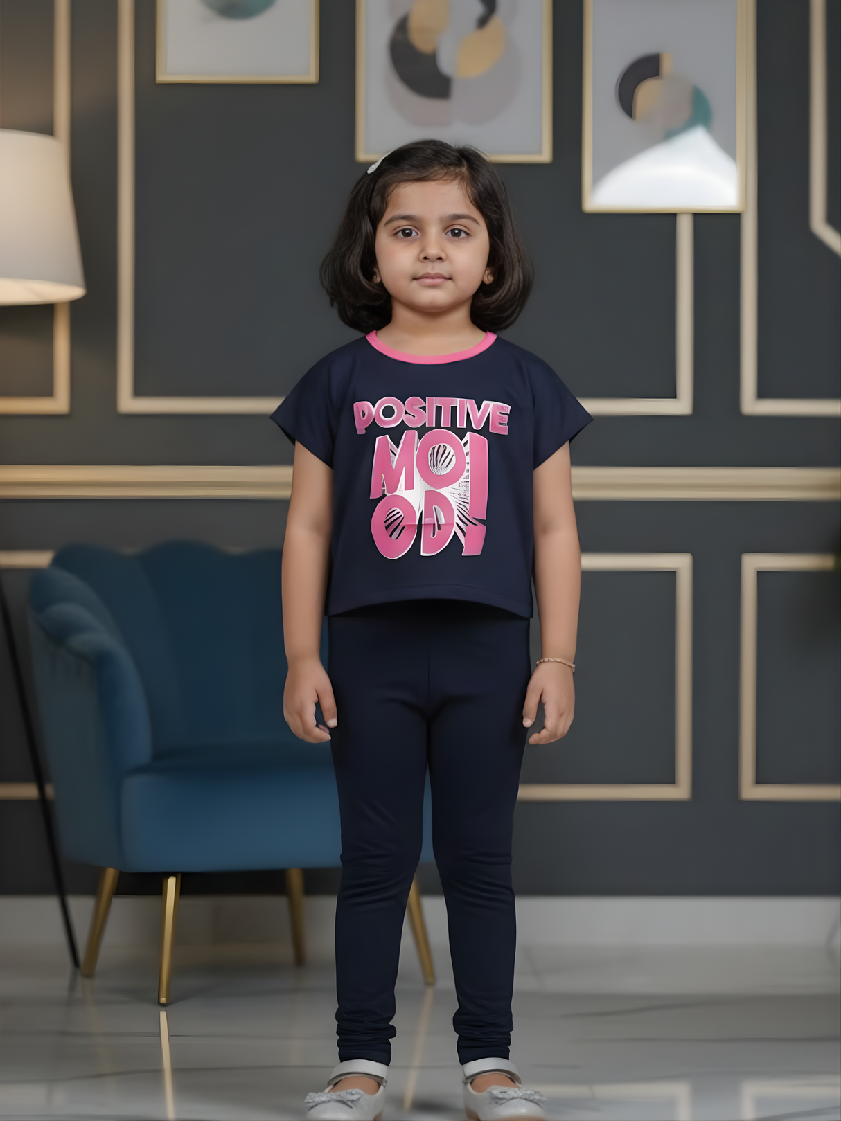 Girls Navy Blue "Positive Mood" Graphic Crop Tee