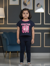 Girls Navy Blue "Positive Mood" Graphic Crop Tee