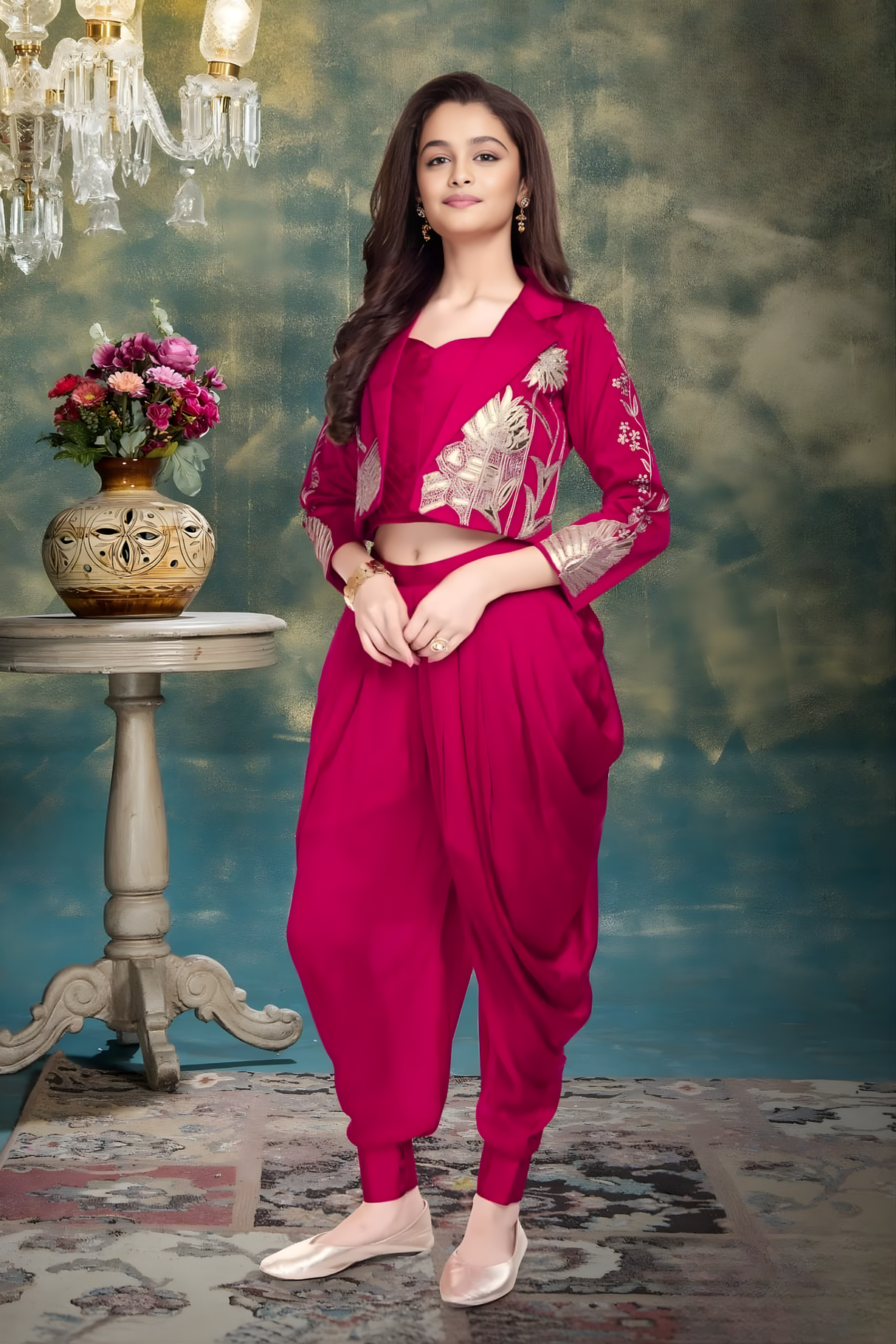 Girls'/Teen Rani Pink Dhoti & Crop Shrug Set