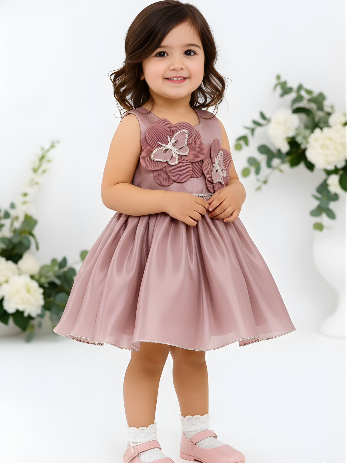 Elegant Dusty Rose Frock with 3D Butterfly Floral Appliqués