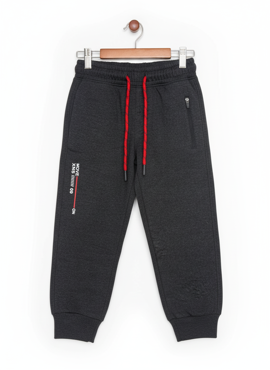 A pair of boys' dark grey fleece jogger track pants with an elastic waist, red and black contrast drawstring, ribbed ankle cuffs, and a vertical zippered pocket.