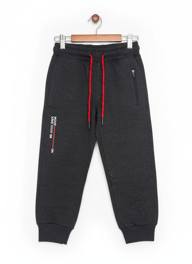 A pair of boys' dark grey fleece jogger track pants with an elastic waist, red and black contrast drawstring, ribbed ankle cuffs, and a vertical zippered pocket.