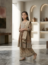 Girls' Elegant Cream Block Print Kurti, Sharara, and Dupatta Set with Heavy Embroidery