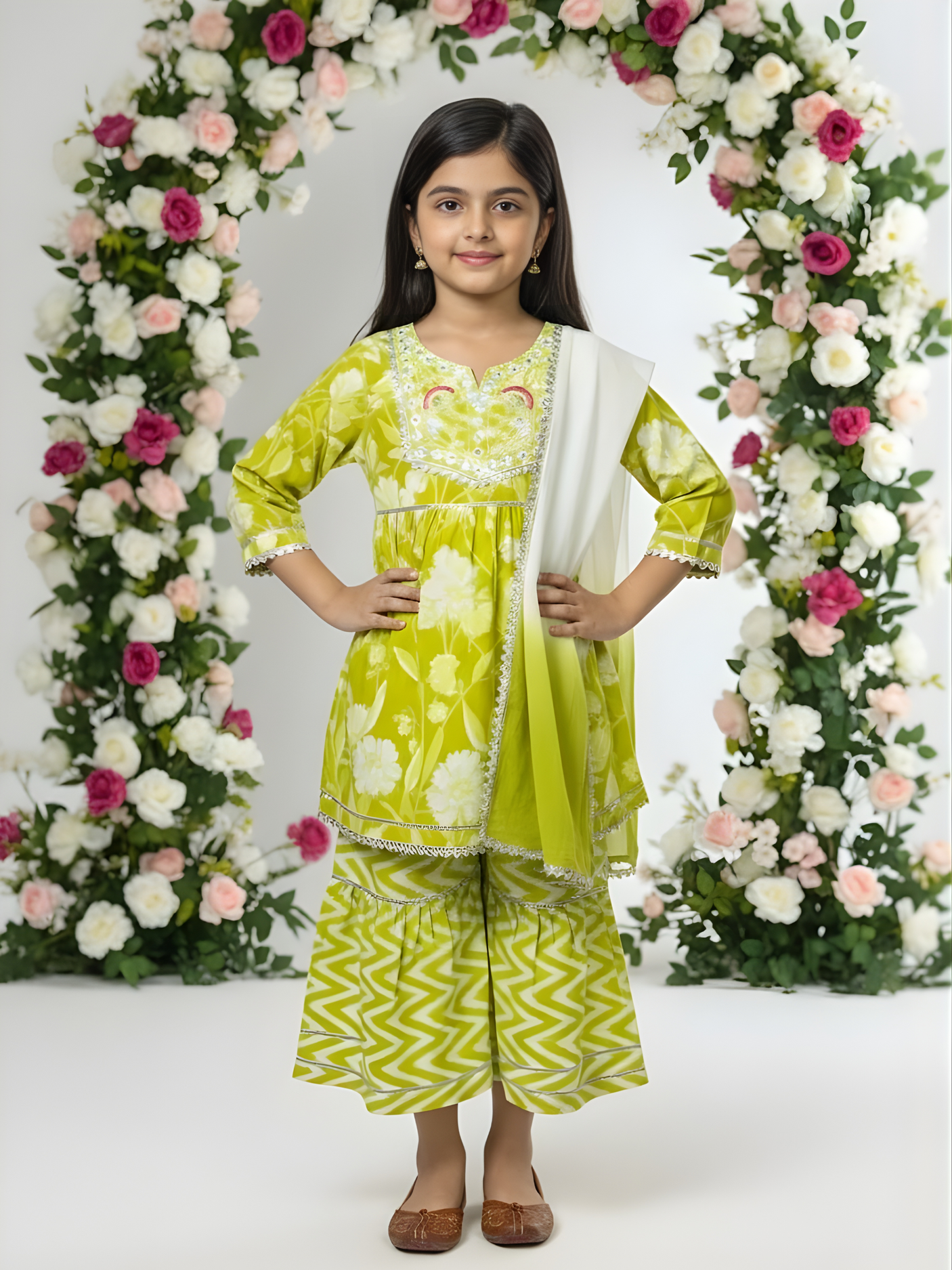Girls' Lime Green Floral Peplum Kurta & Chevron Gharara Set.
