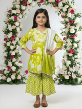 Girls' Lime Green Floral Peplum Kurta & Chevron Gharara Set.