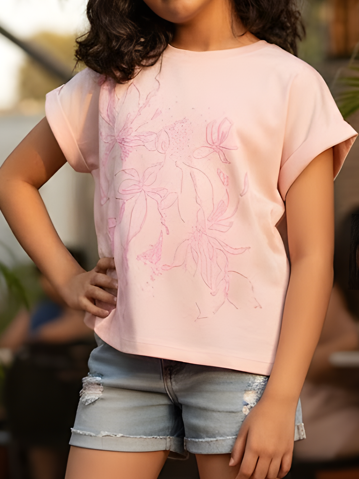 Girls Pastel Pink Relaxed-Fit Floral Outline Fashion Top..