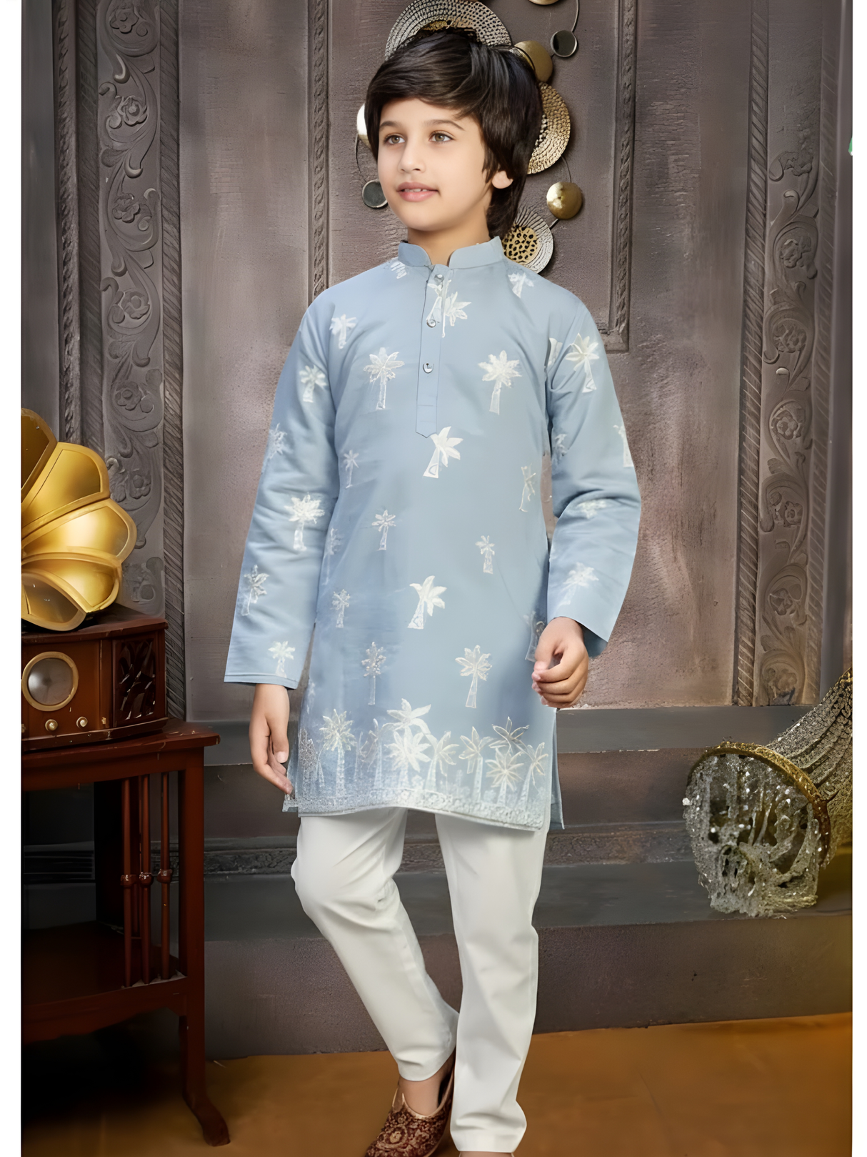 Boys' Navy Blue Bandhgala Jacket Set with Gold Embroidery and Stole
