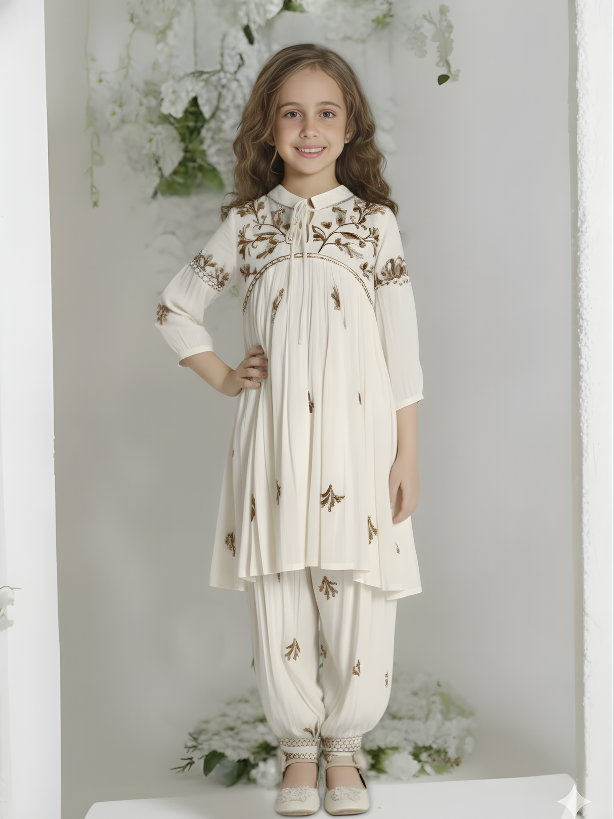 Girls' Chic Cream Pleated Kurti & Dhoti Set with Brown Lucknowi-Style Embroidery