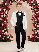 Boys' Cream/White Tuxedo Coat Suit with Black Trousers and Bow Tie