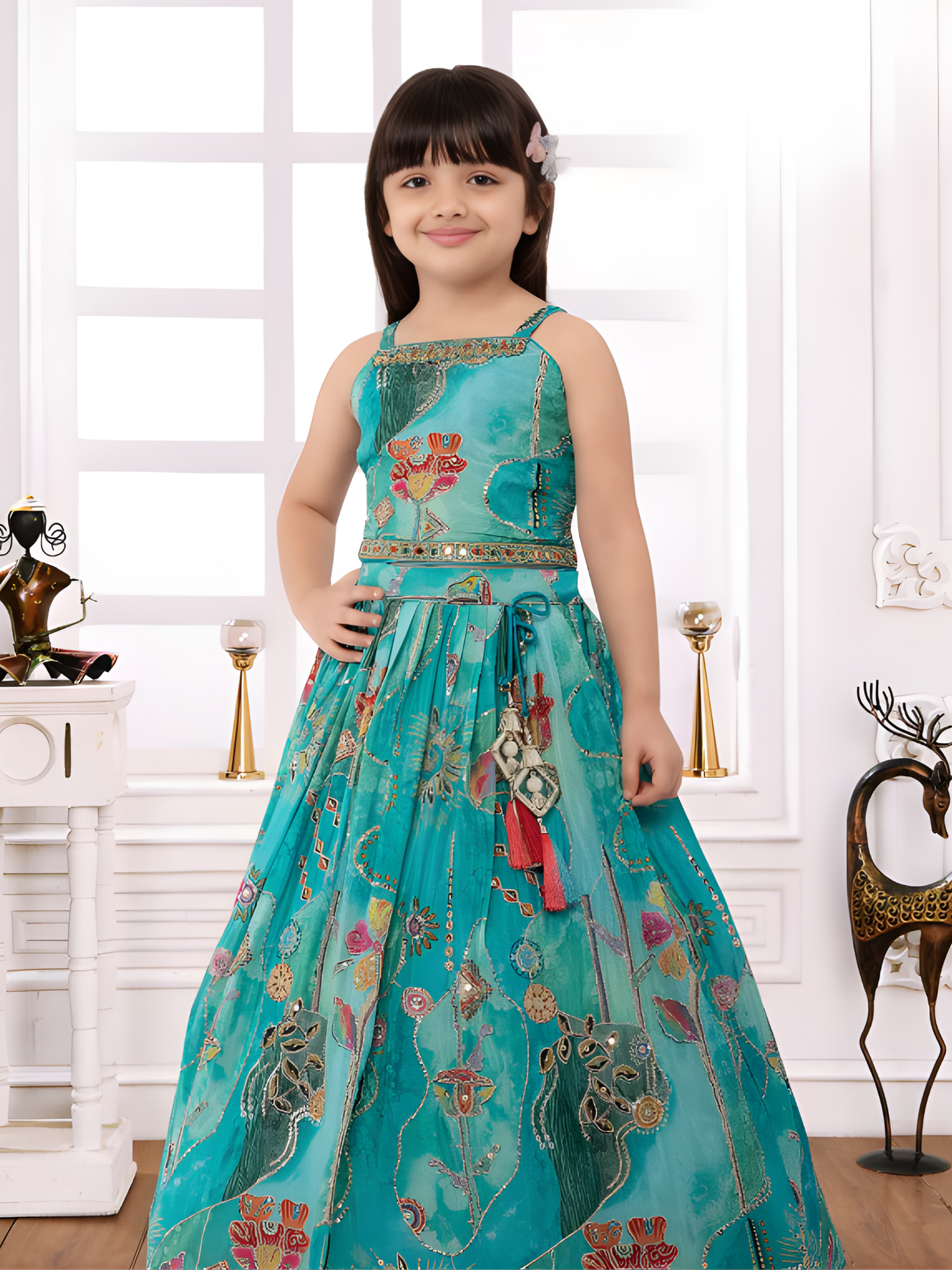 Girls' Vibrant Aqua Blue Floral Print Lehenga Choli Set with Mirror Work