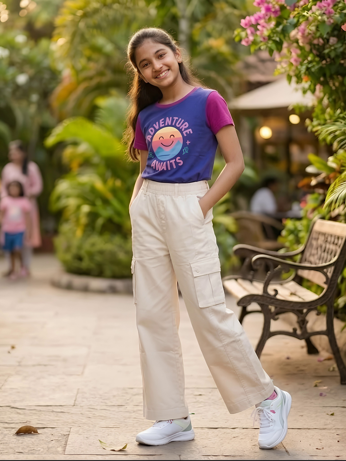 Girls Stylish Cream Wide-Leg Cargo Pants