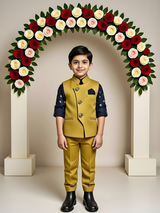 Boys' Yellow Kurta Pajama Set with Multi-Color Floral Printed Nehru Jacket