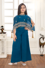Majestic Teal Blue Crop Top & Palazzo Set with Embroidered Cape