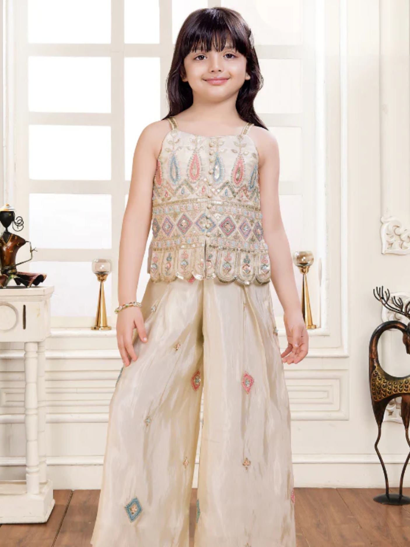 Girls' Festive Cream Sequin Embellished Crop Top & Wide-Leg Palazo Set