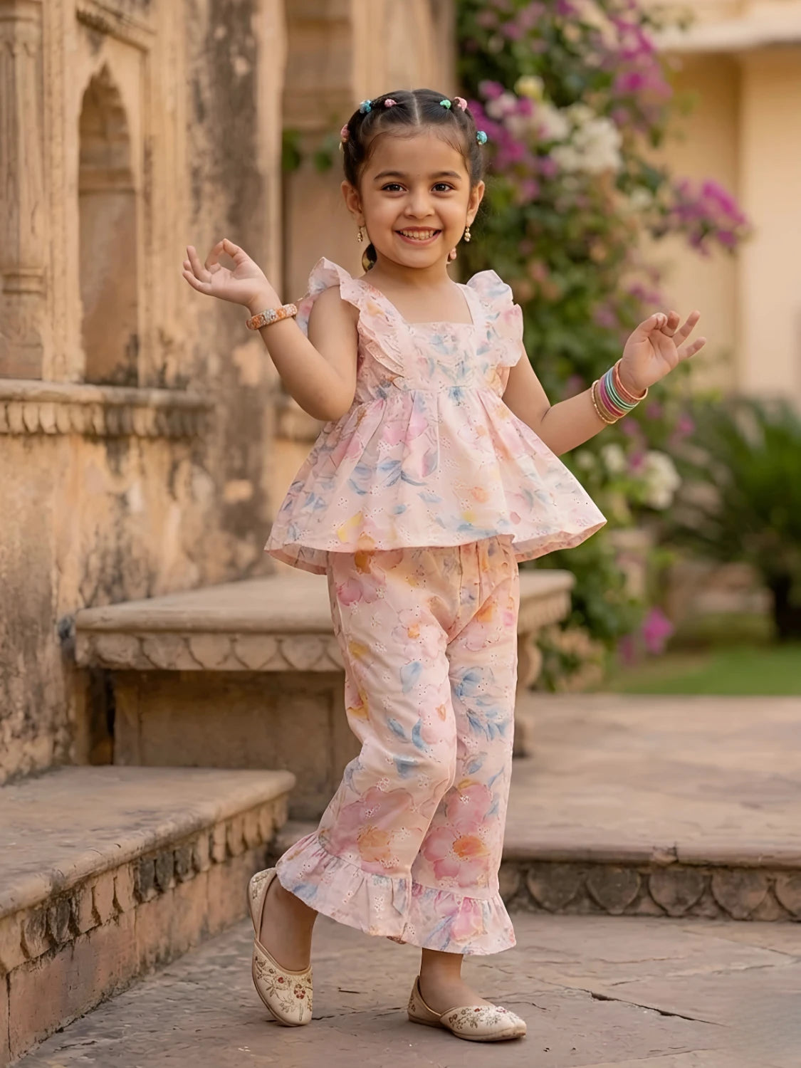 Girls Pink Floral Ruffle Coordinate Set