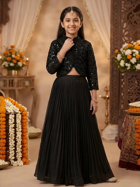 Girls Black Embroidered Jacket Style Choli Set with Pleated Lehenga