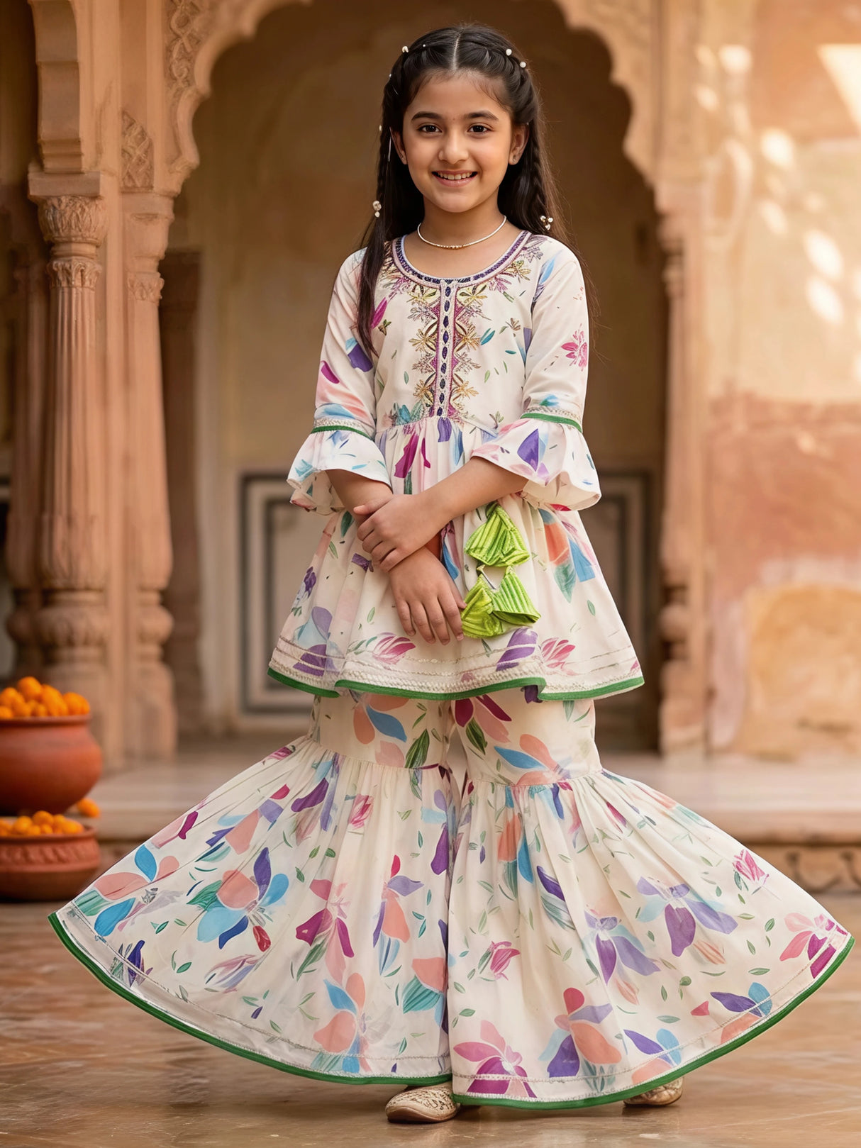 Girls Cream Floral Print Sharara Set - Two Piece Festive Outfit