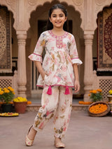 Girls Pink Floral Printed Peplum Kurta with Dhoti Pant Set