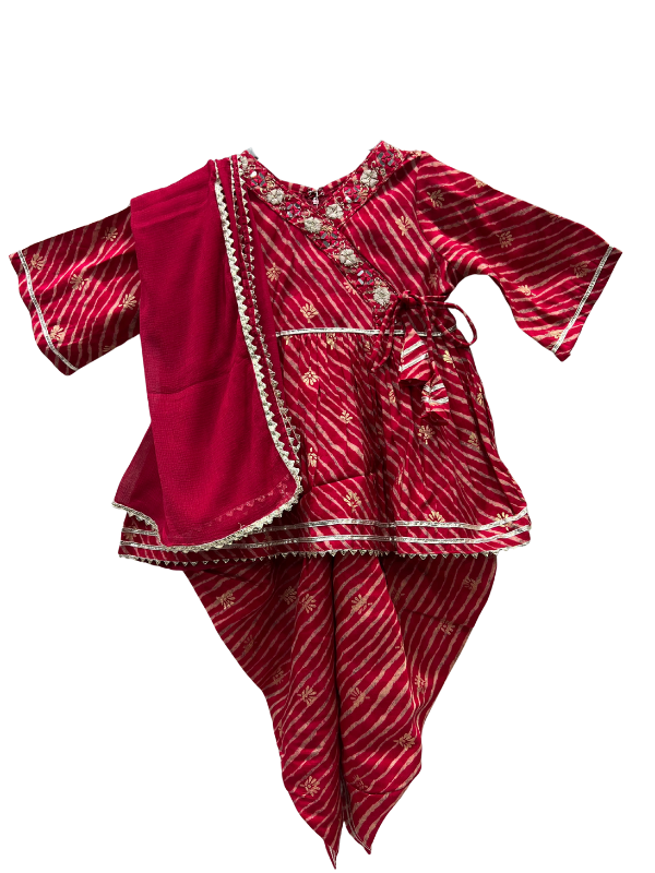 Baby Girl's Traditional Girls Ethnic Wear - Red Striped Kurti with Dupatta