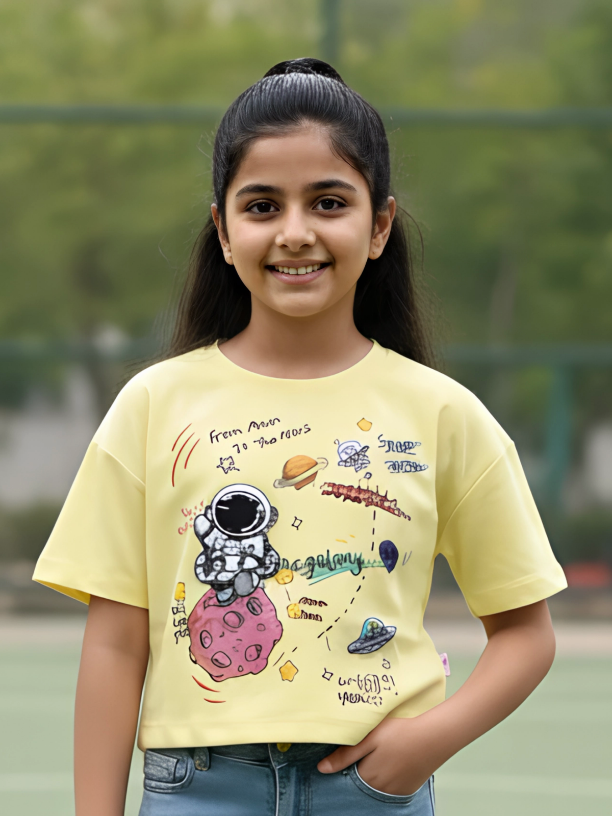 Girls Vibrant Yellow Space Explorer Graphic Crop Top