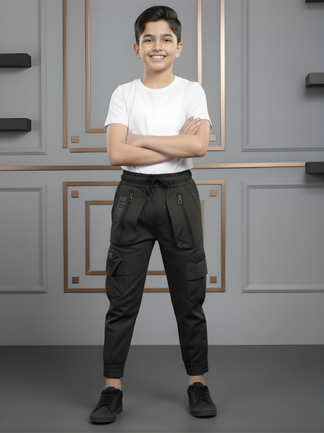 Boys' Urban Edge Black Multi-Pocket Tactical Cargo Track Pants