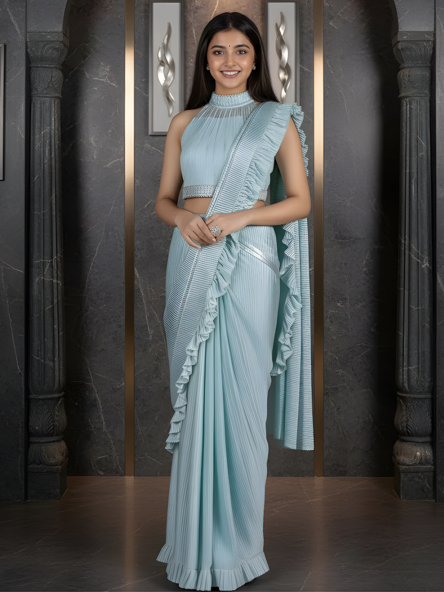 Sea Green Ruffled And Sequined Saree-Choli Pattern For Girls