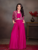 Girls' Rani Pink Floral Print Lehenga Choli Set with Bell Sleeves