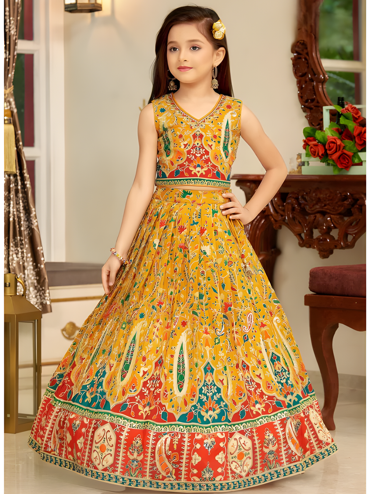 Girls' Halter Neck Red Ruffled Lehenga Set