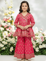 Girls' Fuchsia Pink Block Print Kurti, Sharara, and Dupatta Set with Heavy Embroidery