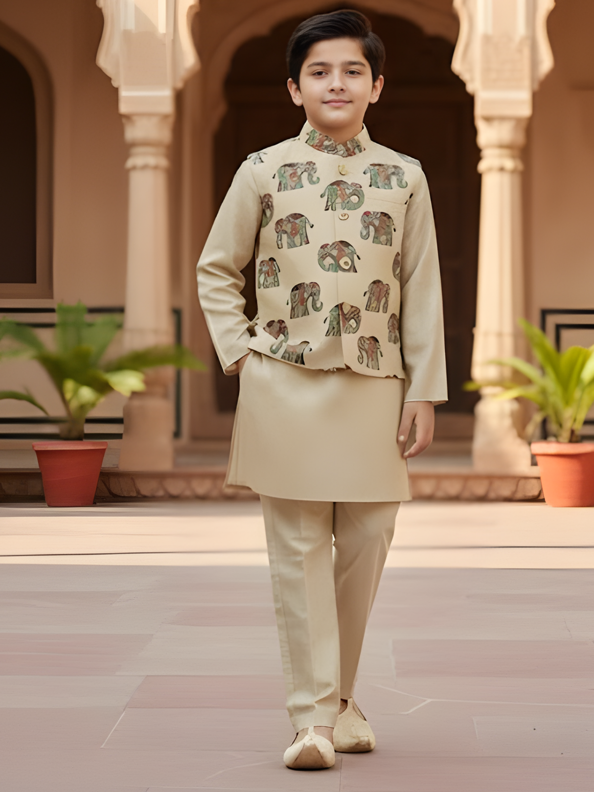Boys Cream Kurta Set with Elephant Print Nehru Jacket
