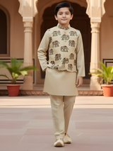 Boys Cream Kurta Set with Elephant Print Nehru Jacket