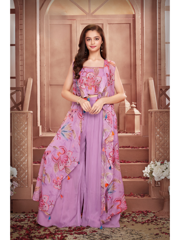 Girls Traditional Sleeves Less Plazo Set - Purple