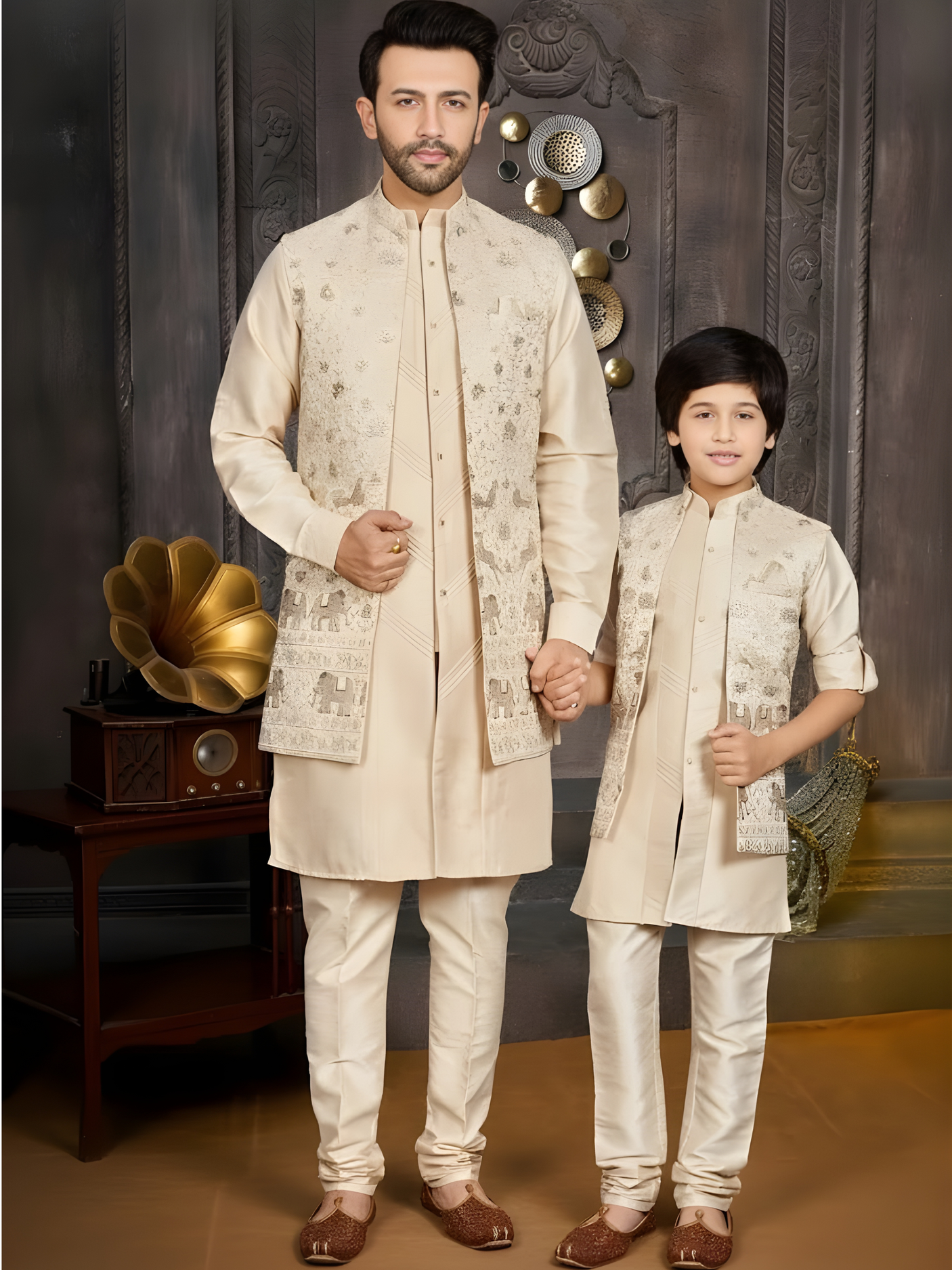 Boys' Cream Silk Blend Kurta Set with Embroidered Nehru Jacket